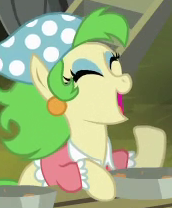 Size: 172x208 | Tagged: safe, screencap, spring green, earth pony, pony, g4, somepony to watch over me, background pony, bandana, cajun ponies, chubby, clothes, ear clip, eyeshadow, female, makeup, mare, plump, shirt, solo