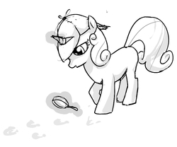Size: 829x689 | Tagged: safe, artist:ara, sweetie belle, pony, unicorn, g4, black and white, deerstalker, detective, female, filly, grayscale, hat, hoofprints, magnifying glass, monochrome, simple background, white background