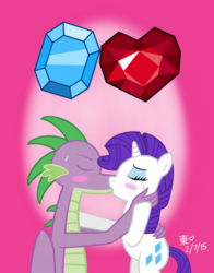 Size: 1100x1400 | Tagged: safe, artist:jazzytyfighter, rarity, spike, dragon, pony, unicorn, g4, blushing, crying, duo, female, fire ruby, gem, kiss on the lips, kissing, legs together, male, mare, older, older spike, ship:sparity, shipping, straight