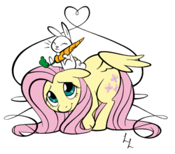 Size: 600x527 | Tagged: safe, artist:luckylines, angel bunny, fluttershy, pegasus, pony, g4, carrot, duo, eyes closed, food, heart, lines, looking up, raised hoof, simple background, sitting, sitting on head, transparent background