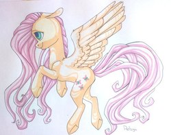 Size: 604x475 | Tagged: safe, artist:pellsya, fluttershy, g4, female, floating, floppy ears, looking away, profile, simple background, solo, spread wings, traditional art, white background