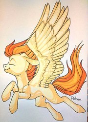 Size: 435x604 | Tagged: safe, artist:pellsya, spitfire, g4, eyes closed, female, flying, missing cutie mark, solo, traditional art