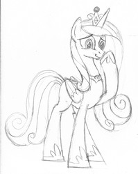 Size: 3003x3773 | Tagged: safe, artist:drawponies, princess cadance, g4, female, high res, monochrome, raised hoof, sketch, smiling, solo, traditional art