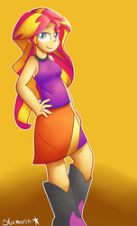 Size: 2975x4900 | Tagged: safe, artist:8-bit-adam, sunset shimmer, equestria girls, g4, boots, clothes, female, high res, lidded eyes, skirt, smiling, solo