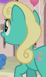 Size: 548x920 | Tagged: safe, screencap, honey curls, mare e. lynn, party favor, earth pony, pony, g4, the cutie map, alternate hairstyle, background pony, cropped, female, mare, offscreen character, our town, solo focus
