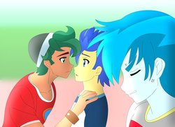 Size: 1600x1163 | Tagged: safe, artist:supermaxx92, flash sentry, thunderbass, timber spruce, human, equestria girls, g4, couple, cross-popping veins, flash sentry gets all the stallions, gay, jealous, love, love triangle, male, rockers, romantic, ship:timberflash, shipping, thunderflash
