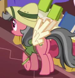 Size: 300x314 | Tagged: safe, screencap, rose compass, pony, g4, stranger than fan fiction, background pony, butt, clothes, cosplay, costume, cropped, fake wings, female, hat, mare, pith helmet, plot, shirt, solo
