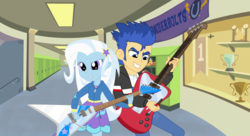 Size: 1600x872 | Tagged: safe, artist:themexicanpunisher, flash sentry, trixie, equestria girls, g4, canterlot high, clothes, electric guitar, esp alexi laiho, female, flying v, guitar, guitar pick, hallway, male, musical instrument, pants, playing, sentrixie, shipping, skirt, straight