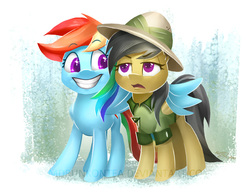 Size: 792x612 | Tagged: safe, artist:imdrunkontea, daring do, rainbow dash, g4, stranger than fan fiction, grin, hug, scene interpretation, smiling, winghug