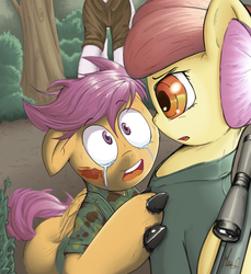 Size: 1280x1396 | Tagged: safe, artist:sea-maas, apple bloom, scootaloo, sweetie belle, cyborg, earth pony, pegasus, pony, unicorn, fanfic:night mares, g4, blood, crying, cutie mark crusaders, fanfic, fanfic art, female, filly, floppy ears, forest, gun, hooves, open mouth, optical sight, rifle, scared, sniper, sniper rifle, teeth, weapon, wings