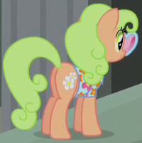 Size: 200x201 | Tagged: safe, screencap, floral pattern, earth pony, pony, g4, rarity takes manehattan, background pony, butt, character named in the comments, clothes, cropped, female, glasses, hawaiian shirt, heart shaped glasses, mare, name suggestion in the comments, plot, shirt, solo