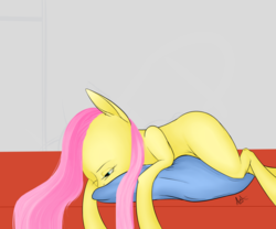 Size: 1024x853 | Tagged: safe, artist:aura dawn, fluttershy, g4, female, pillow, simple background, sleepy, solo