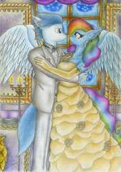 Size: 1969x2795 | Tagged: safe, artist:sinaherib, rainbow dash, soarin', anthro, g4, clothes, dress, female, male, ship:soarindash, shipping, straight, traditional art