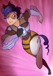 Size: 695x1000 | Tagged: safe, artist:professor-ponyarity, rarity, human, g4, character to character, crossover, female, human to pony, overwatch, running, simple background, solo, speed lines, tracer, transformation, video game, wat