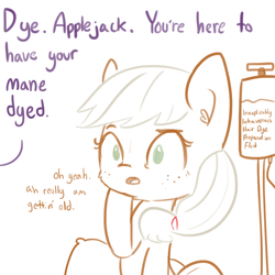 Size: 792x792 | Tagged: safe, artist:tjpones, applejack, twilight sparkle, alicorn, earth pony, pony, g4, :o, bait and switch, dye, dyed mane, female, iv drip, lampshade hanging, mare, mood whiplash, offscreen character, open mouth, simple background, sitting, solo focus, twilight sparkle (alicorn), white background, wide eyes