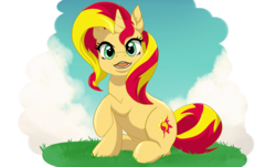 Size: 2750x1657 | Tagged: safe, artist:lilapudelpony, sunset shimmer, pony, unicorn, g4, cute, female, happy, looking at you, open mouth, raised hoof, shimmerbetes, sitting, solo