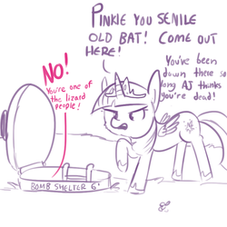 Size: 792x792 | Tagged: safe, artist:tjpones, pinkie pie, twilight sparkle, alicorn, pony, g4, angry, bait and switch, bomb shelter, conspiracy theory, female, frown, future, glare, literal, lizard people, mare, mood whiplash, offscreen character, older, open mouth, raised hoof, senile, shelter, simple background, solo focus, twilight sparkle (alicorn), white background
