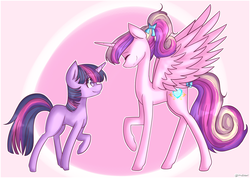 Size: 1774x1265 | Tagged: safe, artist:shiromidorii, princess cadance, twilight sparkle, alicorn, pony, unicorn, g4, bow, eyes closed, female, filly, filly twilight sparkle, hair bow, mare, ponytail, raised hoof, smiling, spread wings, tail bow, teen princess cadance