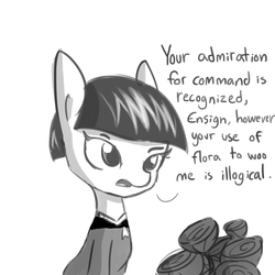 Size: 1045x1045 | Tagged: safe, artist:tjpones, oc, oc only, earth pony, pony, flower, grayscale, monochrome, offscreen character, ponified, rose, simple background, solo, star trek, t'pol, vulcan, vulcan pony, white background