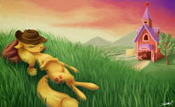 Size: 1600x987 | Tagged: safe, artist:sa1ntmax, applejack, g4, eyes closed, female, grass, on back, shoulder freckles, sleeping, solo, sunset, sweet apple acres, twilight (astronomy)
