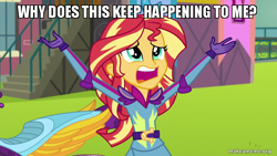 Size: 800x450 | Tagged: safe, edit, edited screencap, screencap, sunset shimmer, equestria girls, g4, my little pony equestria girls: friendship games, arms in the air, caption, cute, image macro, makeameme.org, meme, shimmerbetes, spongebob squarepants, wormy