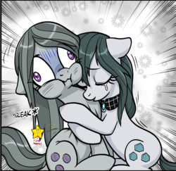Size: 1609x1562 | Tagged: safe, artist:pencils, cloudy quartz, marble pie, earth pony, pony, comic:anon's pie adventure, g4, :d, adoraquartz, cropped, cross-eyed, crying, cute, derp, eyes closed, featured image, female, hug, loose hair, marblebetes, mare, mother and child, mother and daughter, onomatopoeia, pain star, puffy cheeks, stars, sweet dreams fuel, tears of joy