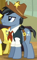 Size: 330x540 | Tagged: safe, screencap, fetter keys, star spur, earth pony, pony, appleoosa's most wanted, g4, appleloosa resident, background pony, clothes, cowboy hat, cropped, hat, jacket, junior deputy, male, sheriff's badge, solo focus, stallion