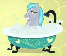 Size: 317x269 | Tagged: safe, screencap, squeaky clean, pony, g4, hearts and hooves day (episode), abstract background, bath, bathtub, cropped, hearts and hooves day, male, smiling, solo, stallion, suds, the perfect stallion