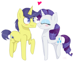 Size: 750x623 | Tagged: dead source, safe, artist:ultrard, comet tail, rarity, pony, g4, blush sticker, blushing, colored pupils, cometity, duo, eyes closed, female, heart, male, raised hoof, raised leg, shipping, simple background, smiling, straight, transparent background