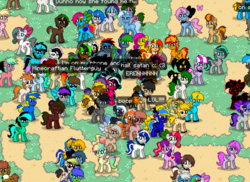 Size: 859x625 | Tagged: safe, sunset shimmer, trixie, oc, oc:caki, pony, pony town, g4, dialogue, group photo, ocs everywhere