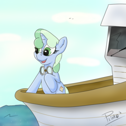 Size: 1500x1500 | Tagged: safe, artist:plinko, oc, oc only, oc:sweetwater, pony, unicorn, boat, female, filly, goggles, ocean, travel