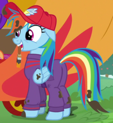 Size: 572x622 | Tagged: safe, screencap, rainbow dash, pegasus, pony, g4, my little pony: friendship is magic, the cart before the ponies, butt, coveralls, female, mare, mouth hold, plot