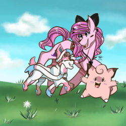 Size: 1000x1000 | Tagged: safe, artist:wulfponestuff, oc, clefairy, sylveon, birthday gift, crossover, pink, poké ball, pokémon