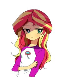 Size: 1007x1224 | Tagged: safe, artist:lotte, sunset shimmer, equestria girls, g4, my little pony equestria girls: legend of everfree, clothes, female, looking at you, pensive, shirt, simple background, solo, top, unamused, white background