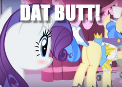 Size: 654x466 | Tagged: safe, edit, edited screencap, screencap, rarity, sapphire shores, a dog and pony show, g4, blank flank, butt, caption, eyes on the prize, image macro, looking at butt, meme, plot