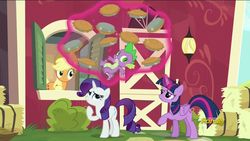 Size: 1920x1080 | Tagged: safe, screencap, applejack, rarity, spike, twilight sparkle, alicorn, pony, applejack's "day" off, g4, food, levitation, magic, pie, telekinesis, twilight sparkle (alicorn)