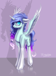 Size: 2281x3100 | Tagged: safe, artist:wingsterwin, oc, oc only, oc:wingy, alicorn, pony, blue eyes, braid, digital art, female, high res, pigtails, solo, spread wings, standing