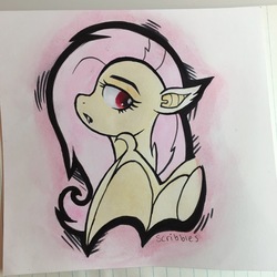 Size: 3024x3024 | Tagged: safe, artist:chelseaz123, fluttershy, bat pony, pony, g4, female, flutterbat, high res, race swap, solo, traditional art, watercolor painting