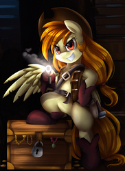 Size: 2550x3509 | Tagged: safe, artist:pridark, oc, oc only, oc:solar spark, pegasus, pony, belt, clothes, commission, gun, hat, high res, padlock, pirate, solo, treasure chest, weapon