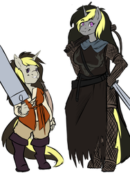 Size: 768x1024 | Tagged: safe, artist:rokkocoms, oc, oc only, oc:mitternacht von kloudette, unicorn, anthro, unguligrade anthro, crossbow, dark souls, giantess, macro, medieval, siblings, sisters, size difference, sword, weapon