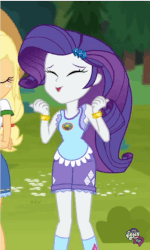 Size: 349x580 | Tagged: safe, screencap, applejack, rarity, equestria girls, g4, my little pony equestria girls: legend of everfree, animated, camp everfree logo, camp everfree outfits, clothes, cute, female, raribetes, shorts, solo focus