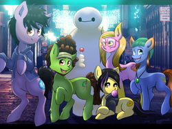 Size: 1200x900 | Tagged: safe, artist:blazemizu, baymax, big hero 6, candy, crossover, disney, food, frederick flamarion frederickson, gogo tomago, hiro hamada, honey lemon (big hero 6), lollipop, ponified, wasabi (big hero 6)