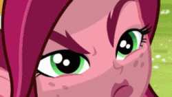 Size: 400x225 | Tagged: safe, screencap, gloriosa daisy, equestria girls, g4, my little pony equestria girls: legend of everfree, angry, animated, female, freckles, green eyes, lips, screen shake, unamused, vibrating