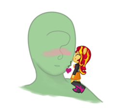 Size: 1148x1048 | Tagged: safe, artist:zharkaer, sunset shimmer, oc, oc:anon, equestria girls, g4, blushing, clothes, doll, equestria girls minis, heart, kissing, ponied up, simple background, skirt, toy, transparent background