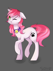 Size: 4251x5669 | Tagged: safe, artist:souppyman, oc, oc only, oc:tendril, earth pony, pony, absurd resolution, bell, bell collar, collar, digital art, female, gray background, green eyes, one eye closed, simple background, solo, standing, wink