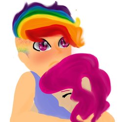 Size: 1024x1024 | Tagged: safe, artist:kingskittless, pinkie pie, rainbow dash, human, g4, blushing, female, humanized, lesbian, shaved head, ship:pinkiedash, shipping, traditional art, watercolor painting