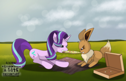 Size: 3400x2200 | Tagged: safe, artist:mcflurrylazermuffin, starlight glimmer, eevee, pony, unicorn, g4, behaving like a dog, crossover, female, fight, food, glare, high res, mare, mouth hold, pizza, pokémon, tug of war