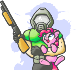 Size: 821x752 | Tagged: safe, artist:metax-z, pinkie pie, earth pony, human, pony, g4, armor, crossover, doom, doom guy, female, gun, helmet, holding a pony, mare, open mouth, open smile, shotgun, smiling, weapon