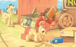 Size: 4427x2760 | Tagged: safe, artist:dimfann, apple bloom, applejack, earth pony, pony, g4, the cart before the ponies, apple bloom's bow, applejack's hat, bow, cart, cowboy hat, cute, duo, female, filly, hair bow, hammer, hat, mare, mouth hold, nitrous, nitrous oxide, open mouth, pipe, scissor doors, sisters, the cmc's cutie marks, this will end in tears and/or death and/or covered in tree sap, vtec