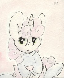 Size: 637x771 | Tagged: safe, artist:slightlyshade, sweetie belle, g4, clothes, cute, diasweetes, female, solo, sweater, traditional art